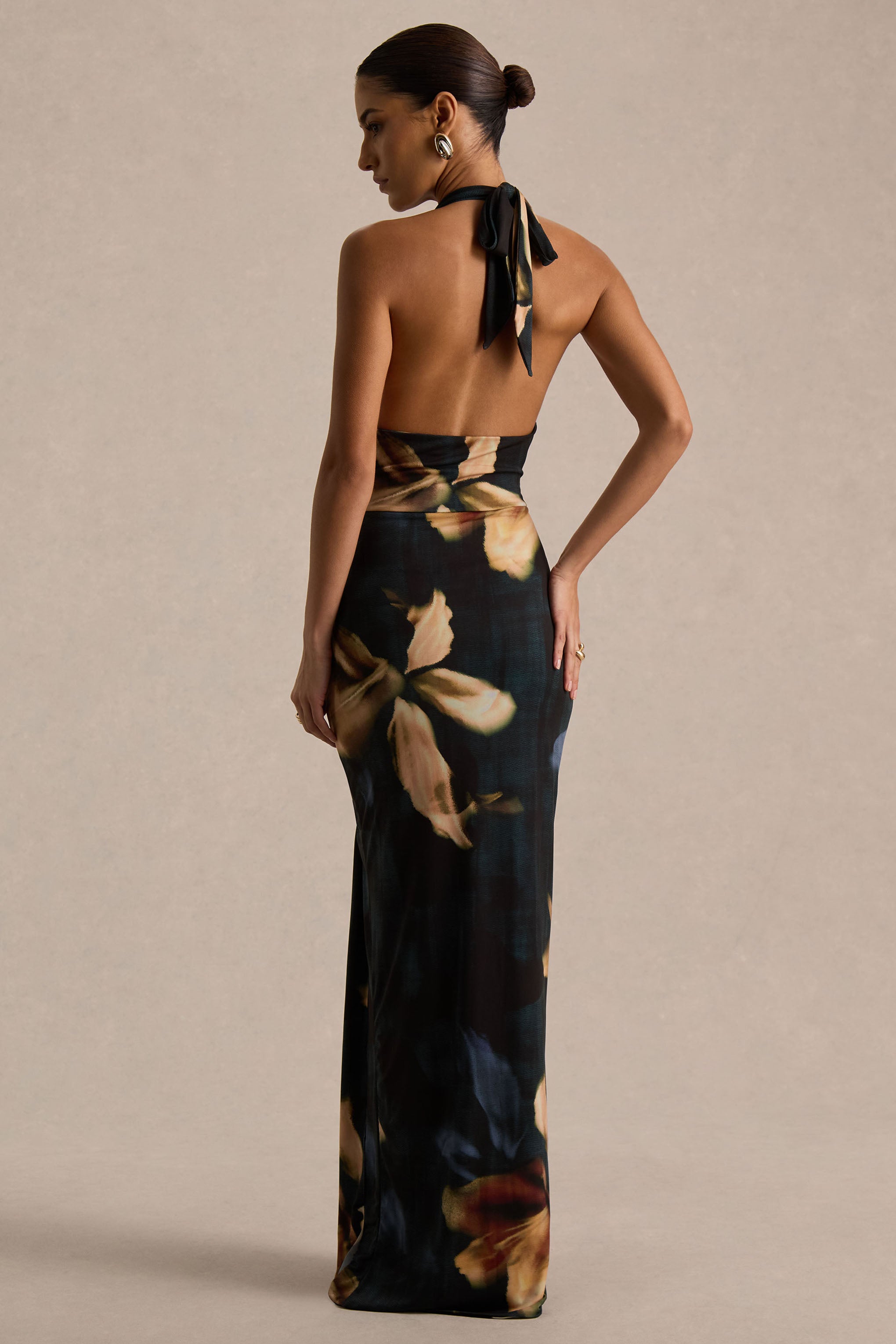 Sunflower | Dark Lily Print High-Neck Maxi Dress With Front-High Split