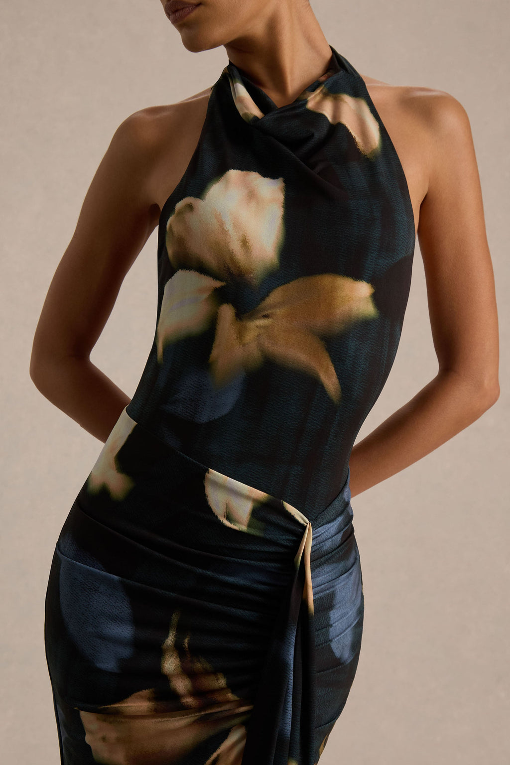 Sunflower | Dark Lily Print High-Neck Maxi Dress With Front-High Split