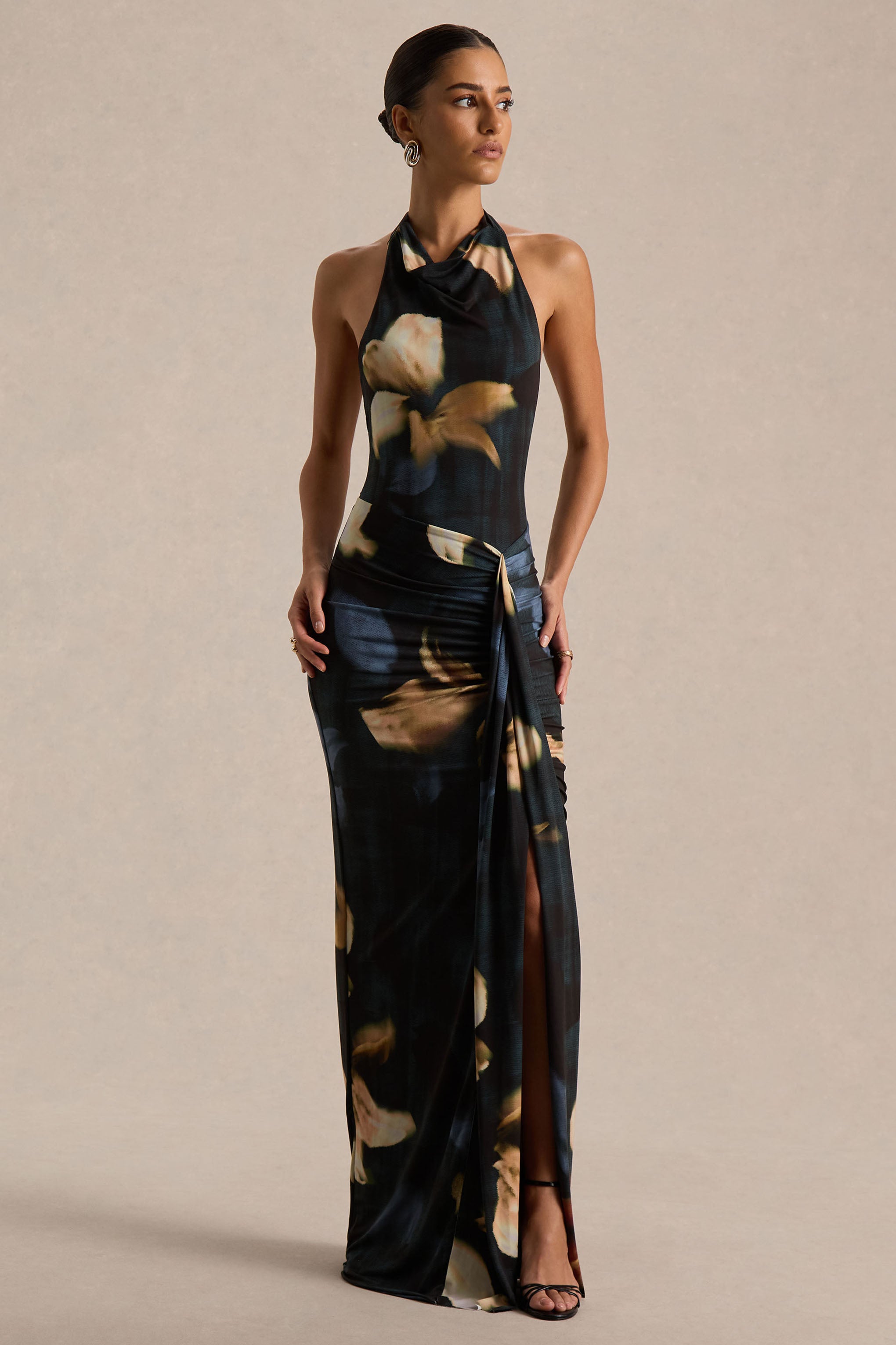Sunflower | Dark Lily Print High-Neck Maxi Dress With Front-High Split