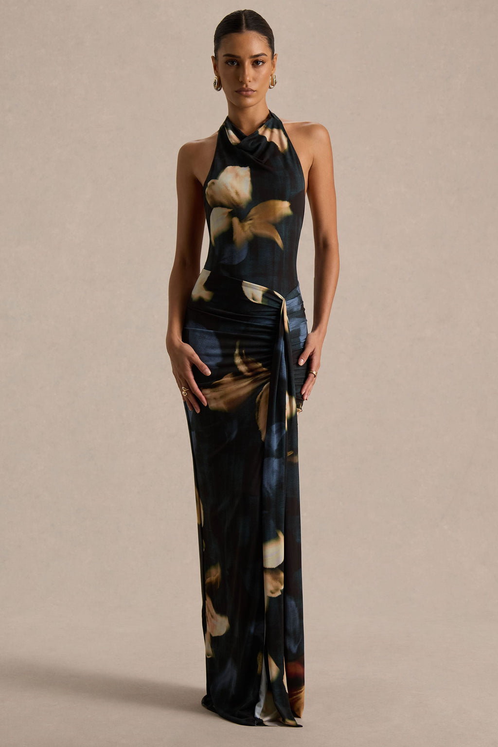 Sunflower | Dark Lily Print High-Neck Maxi Dress With Front-High Split