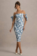 Citrus | Blue Porcelain Print Bardot Bodycon Midi Dress With Bow Sleeves