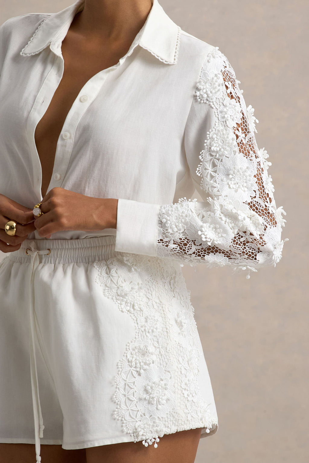 Coconut | Ecru Button-Up Shirt With Lace Detail
