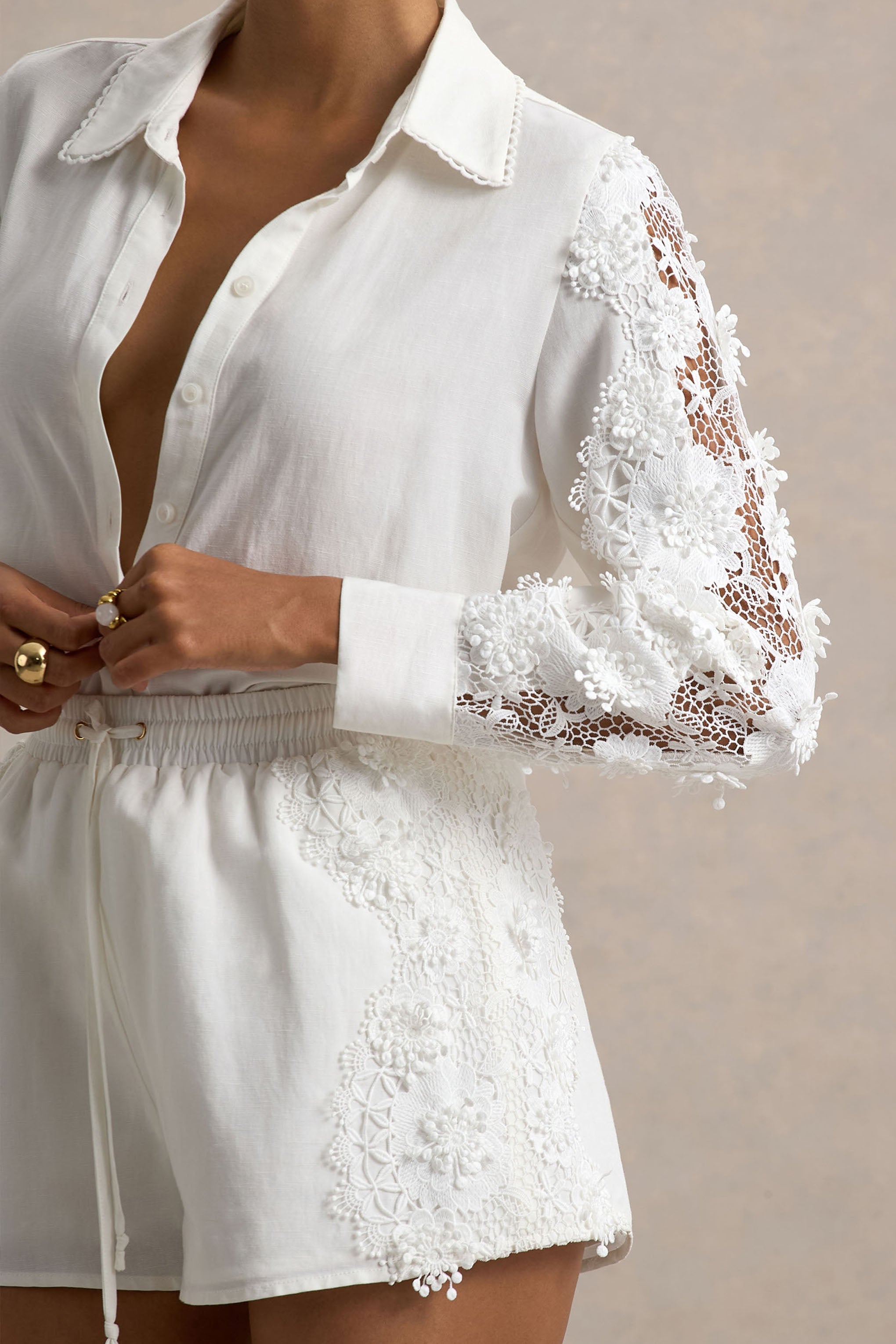 Coconut | Ecru Button-Up Shirt With Lace Detail