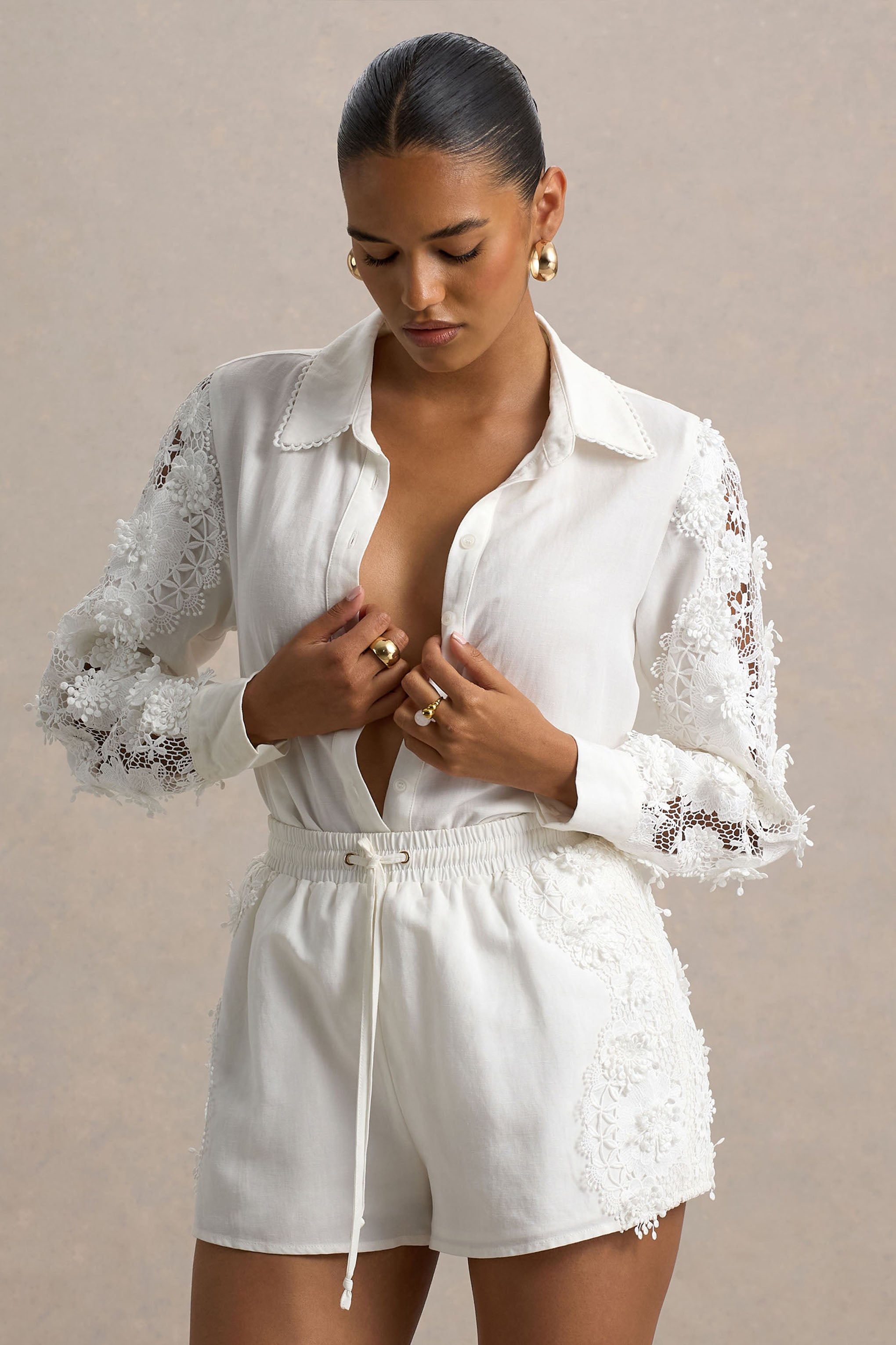 Coconut | Ecru Button-Up Shirt With Lace Detail