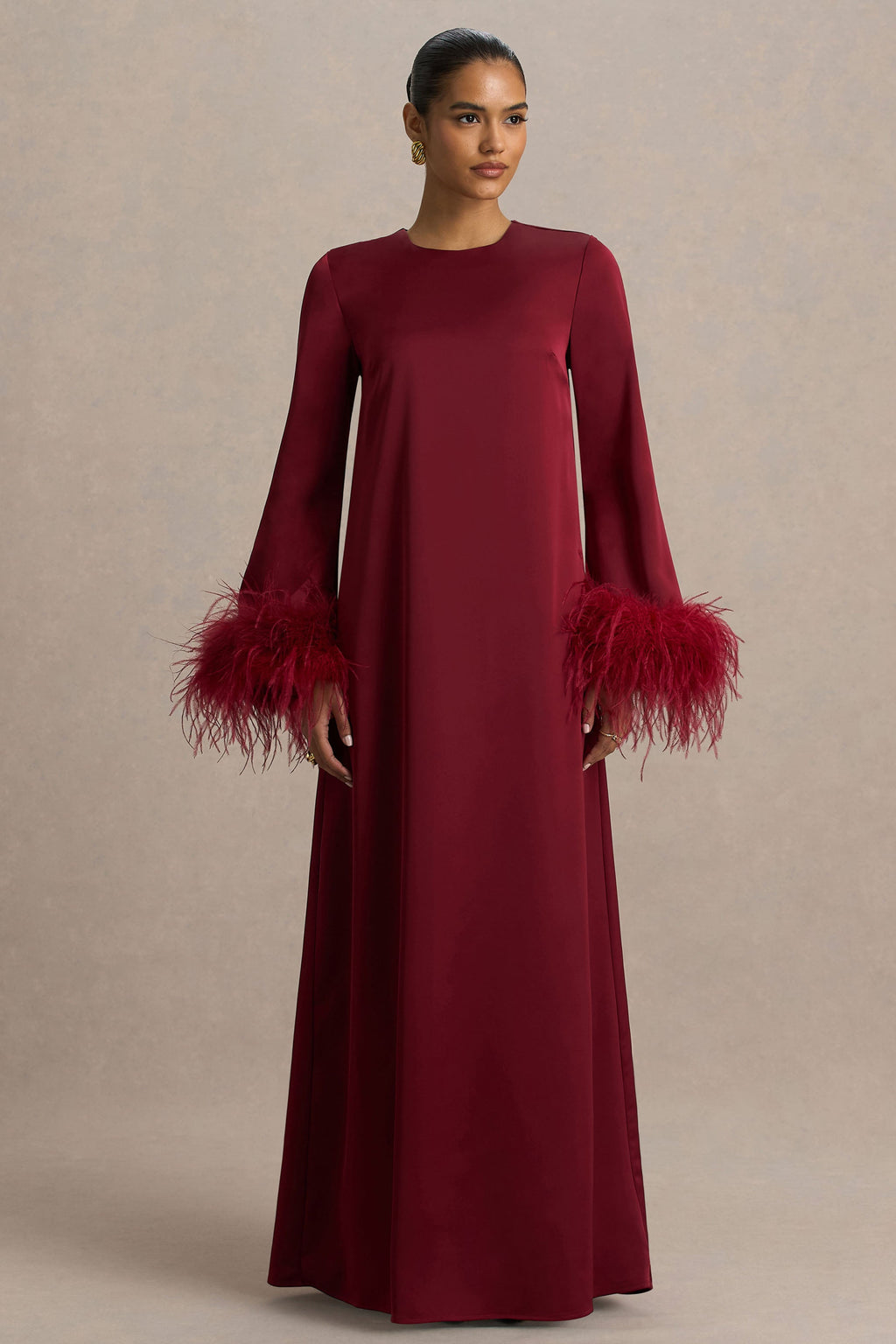 Adella | Burgundy Satin Feather-Trim Maxi Dress