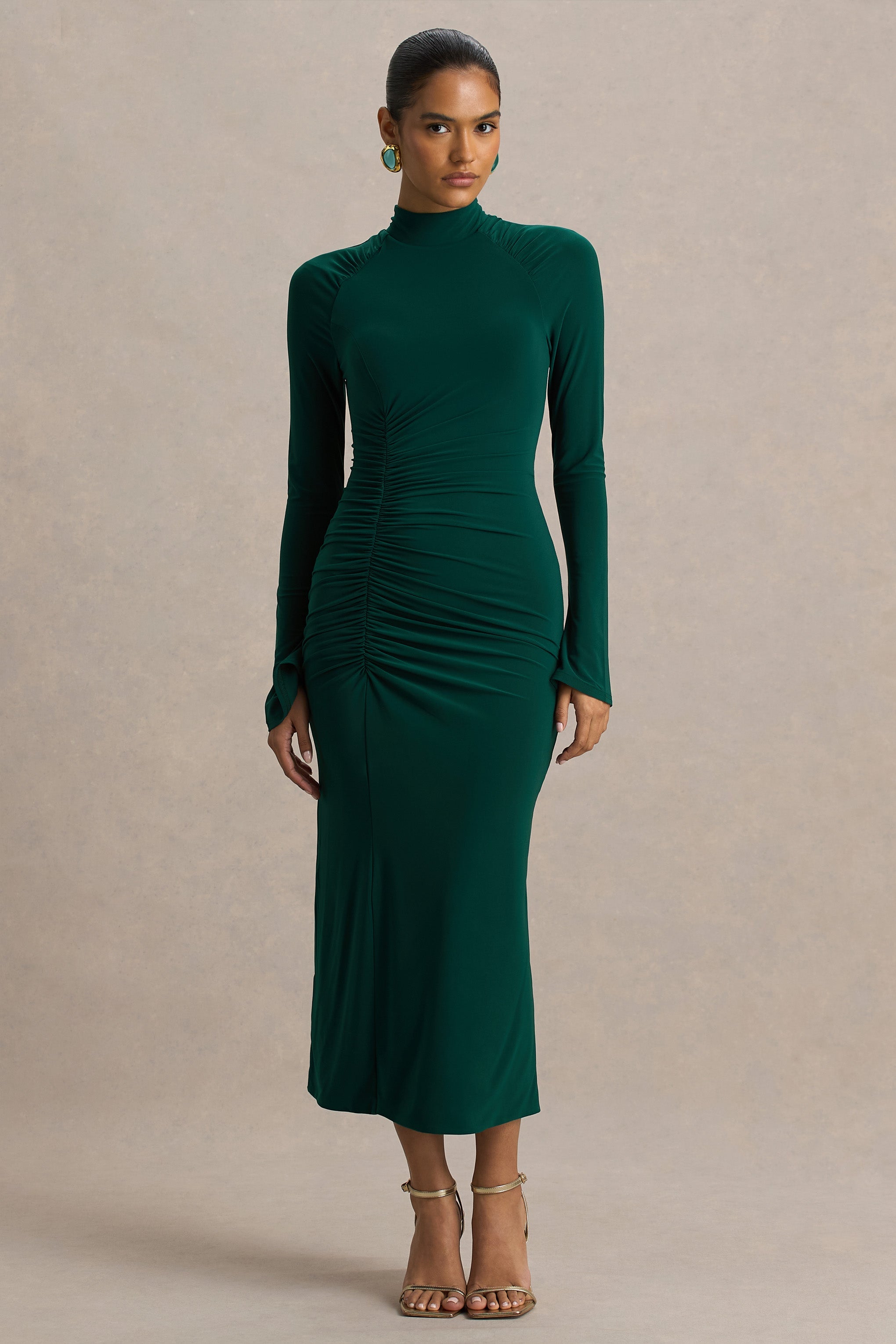 Cassandra | Bottle Green High-Neck Long-Sleeve Midi Dress