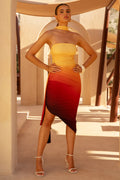 Dania | Orange Ombre Bandeau Asymmetric Midi Dress With Tie-Waist