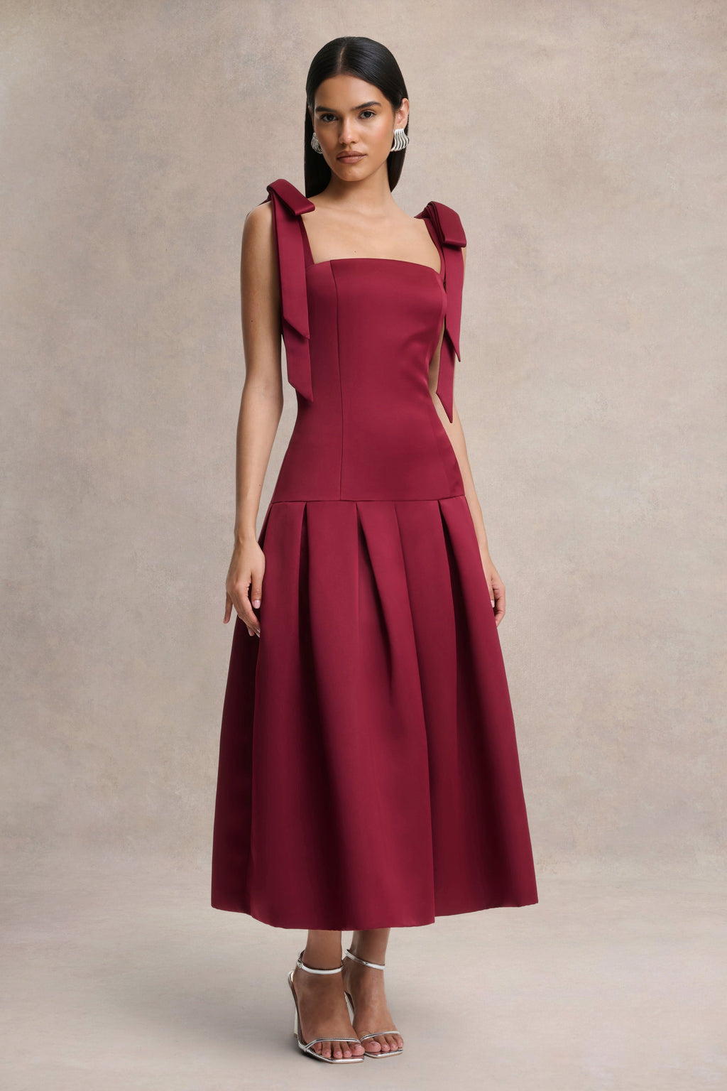 Alberta | Burgundy Satin Square-Neck Midi Dress With Bow Straps