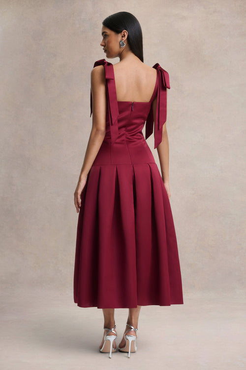 Alberta | Burgundy Satin Square-Neck Midi Dress With Bow Straps