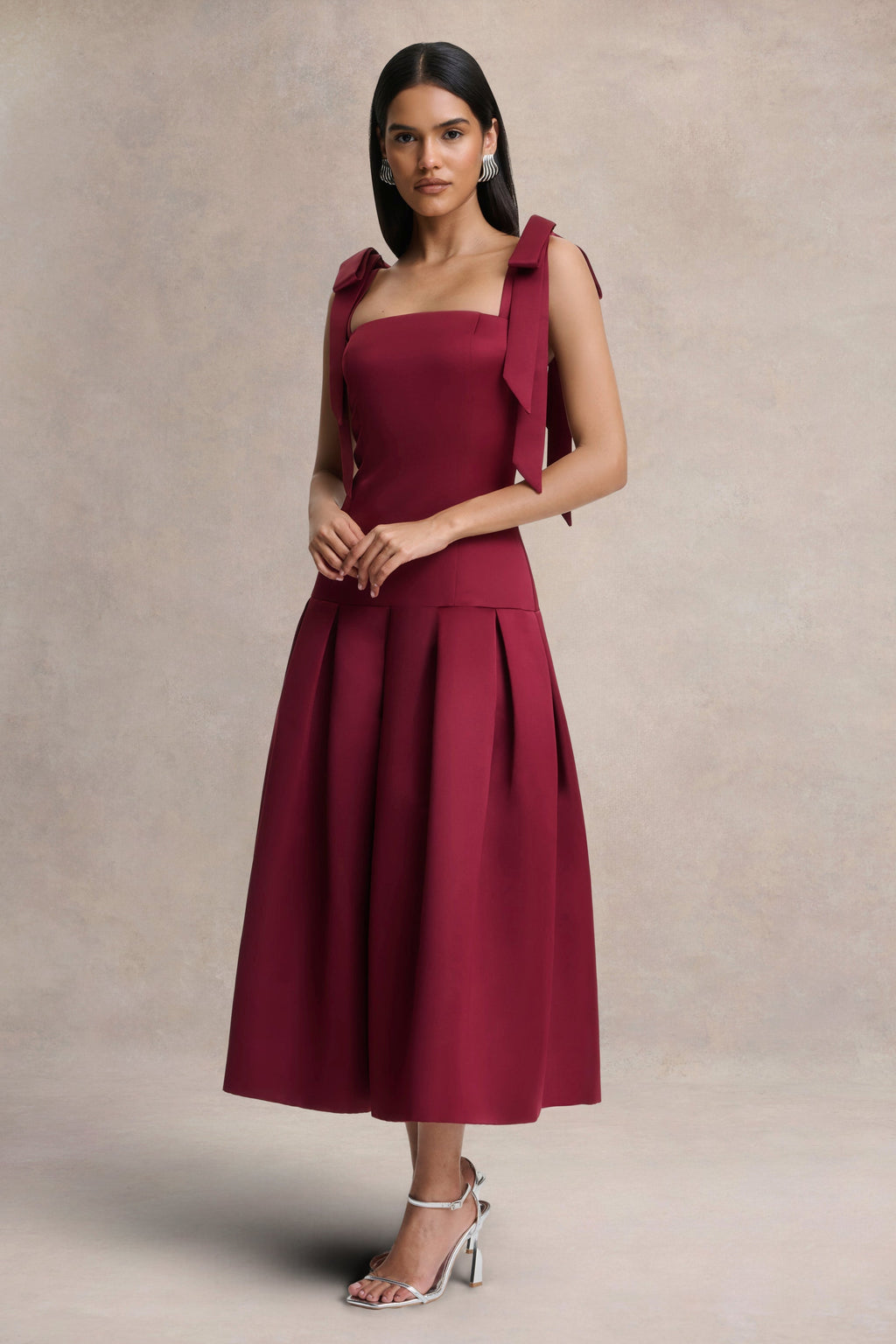 Alberta | Burgundy Satin Square-Neck Midi Dress With Bow Straps