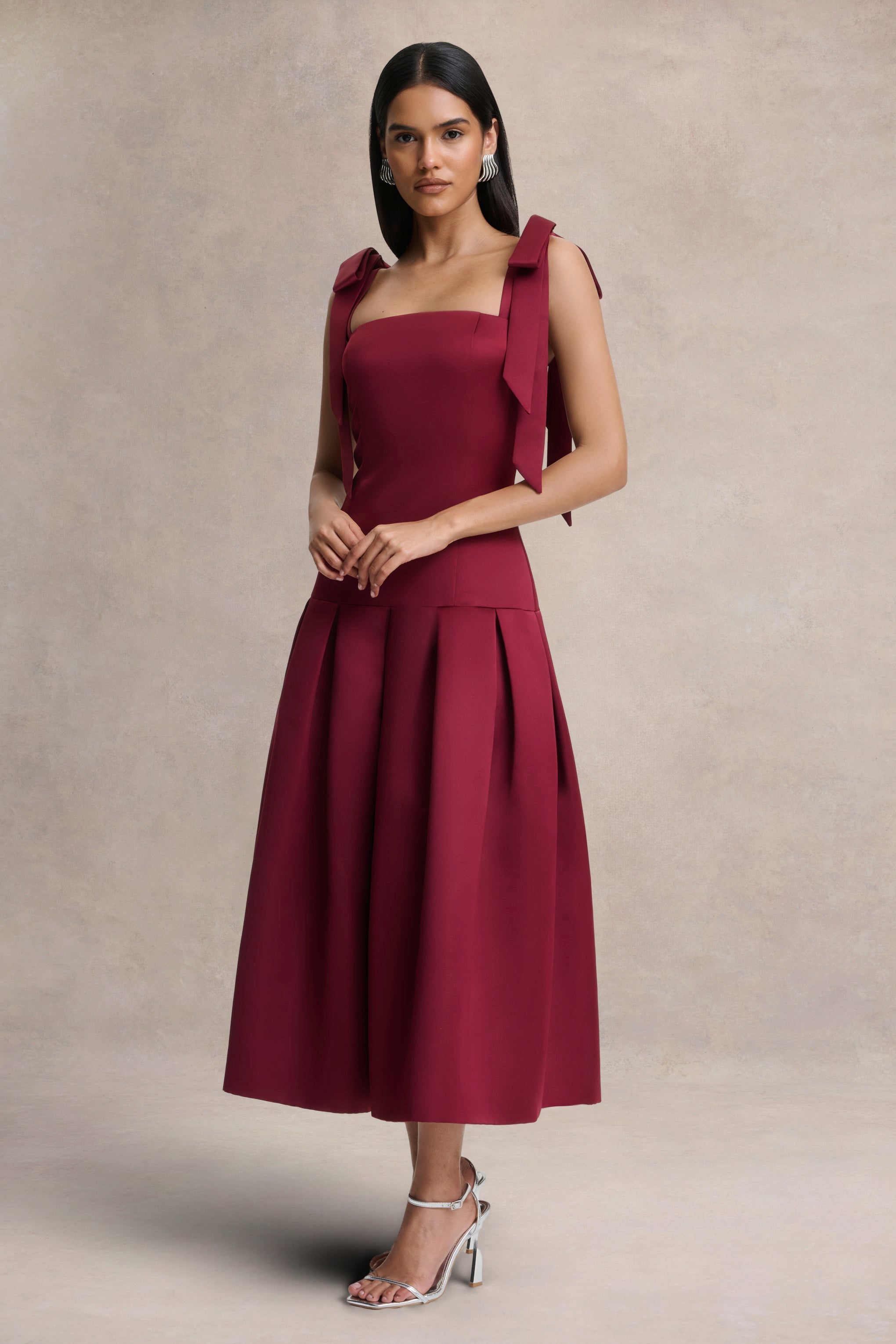Alberta | Burgundy Satin Square-Neck Midi Dress With Bow Straps
