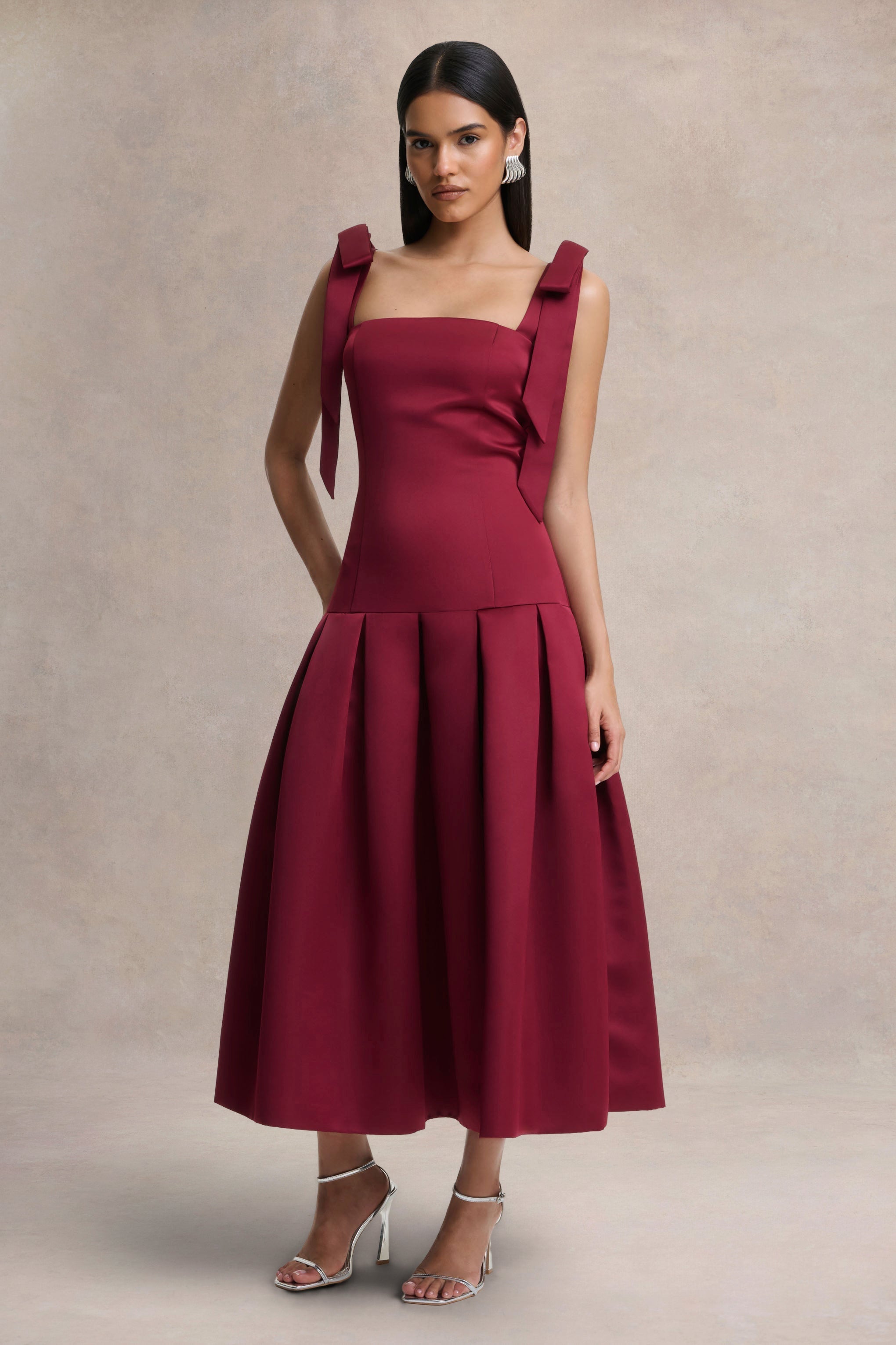 Alberta | Burgundy Satin Square-Neck Midi Dress With Bow Straps