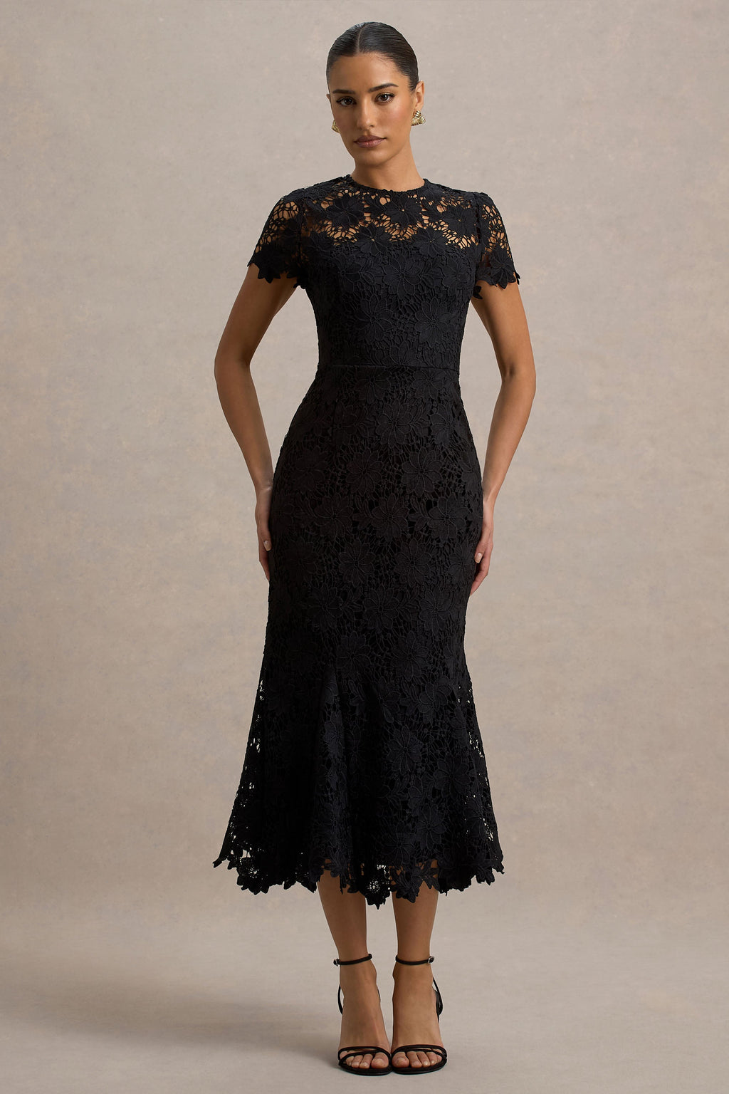 Clarissa | Black Lace Short-Sleeve Midi Dress
