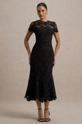 Clarissa | Black Lace Short-Sleeve Midi Dress