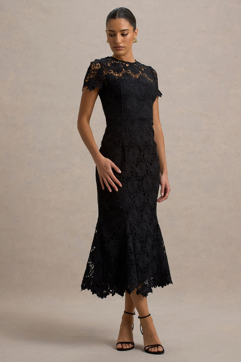 Clarissa | Black Lace Short-Sleeve Midi Dress