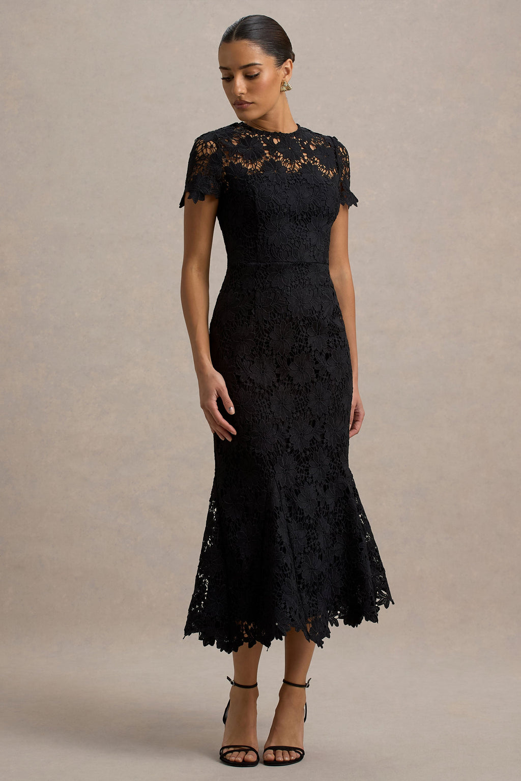 Clarissa | Black Lace Short-Sleeve Midi Dress