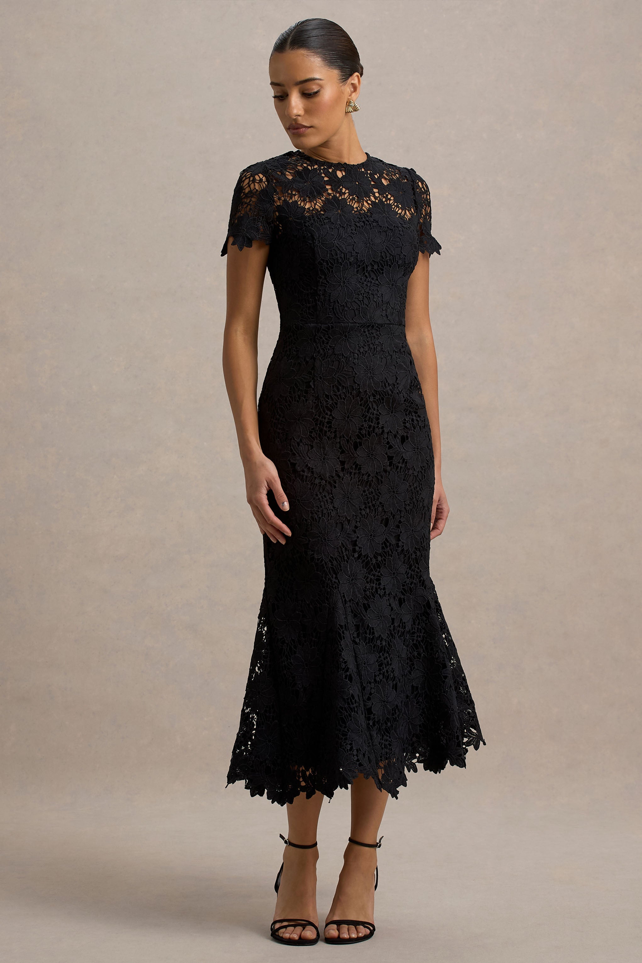 Clarissa | Black Lace Short-Sleeve Midi Dress