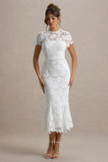 Clarissa | White Lace Short-Sleeve Midi Dress