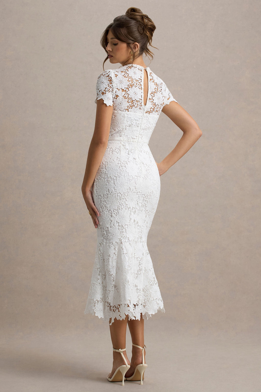 Clarissa | White Lace Short-Sleeve Midi Dress