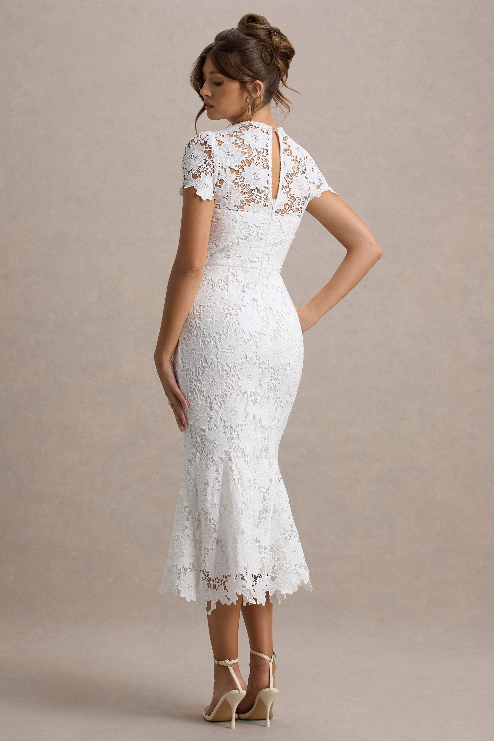 Clarissa | White Lace Short-Sleeve Midi Dress
