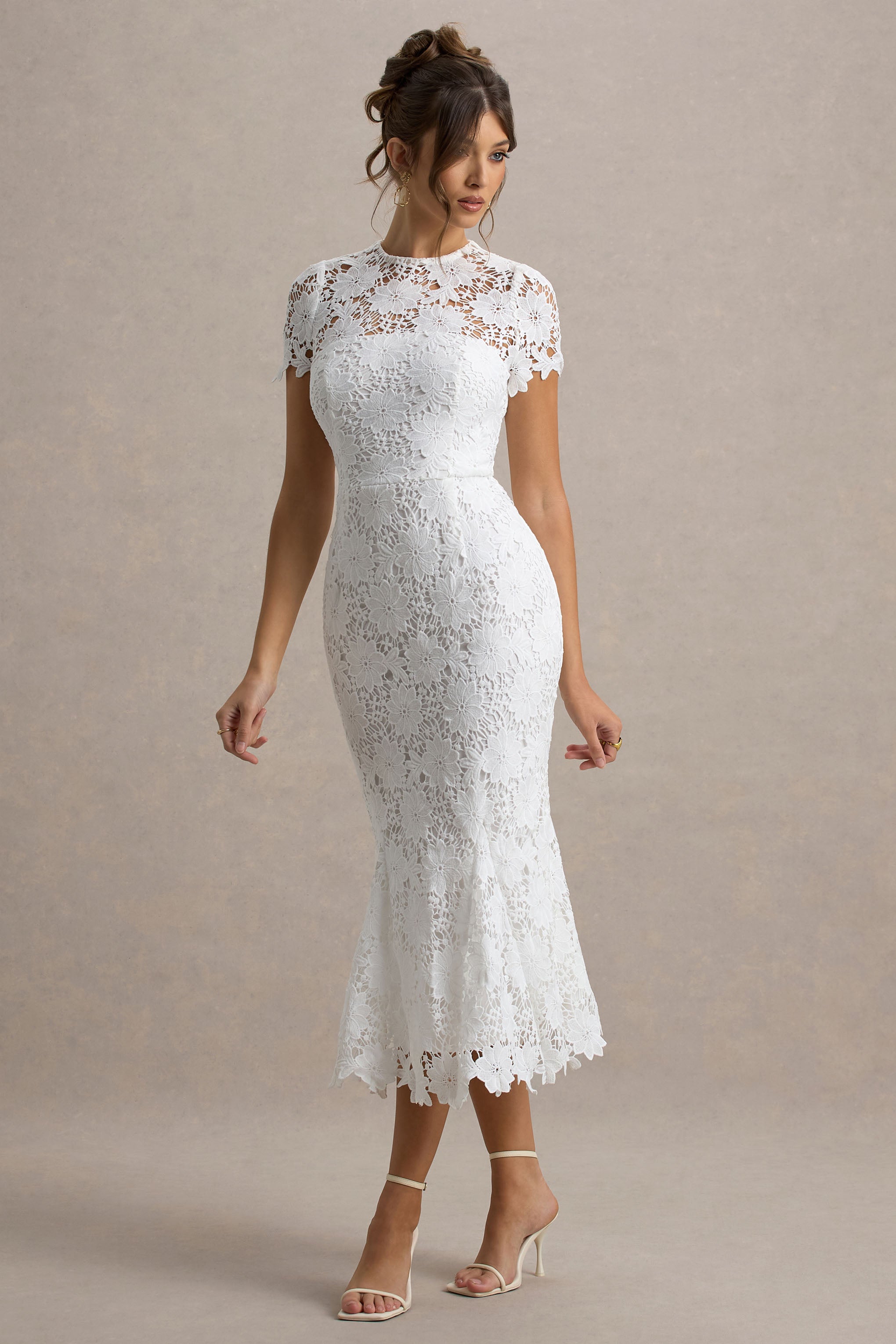 Clarissa | White Lace Short-Sleeve Midi Dress