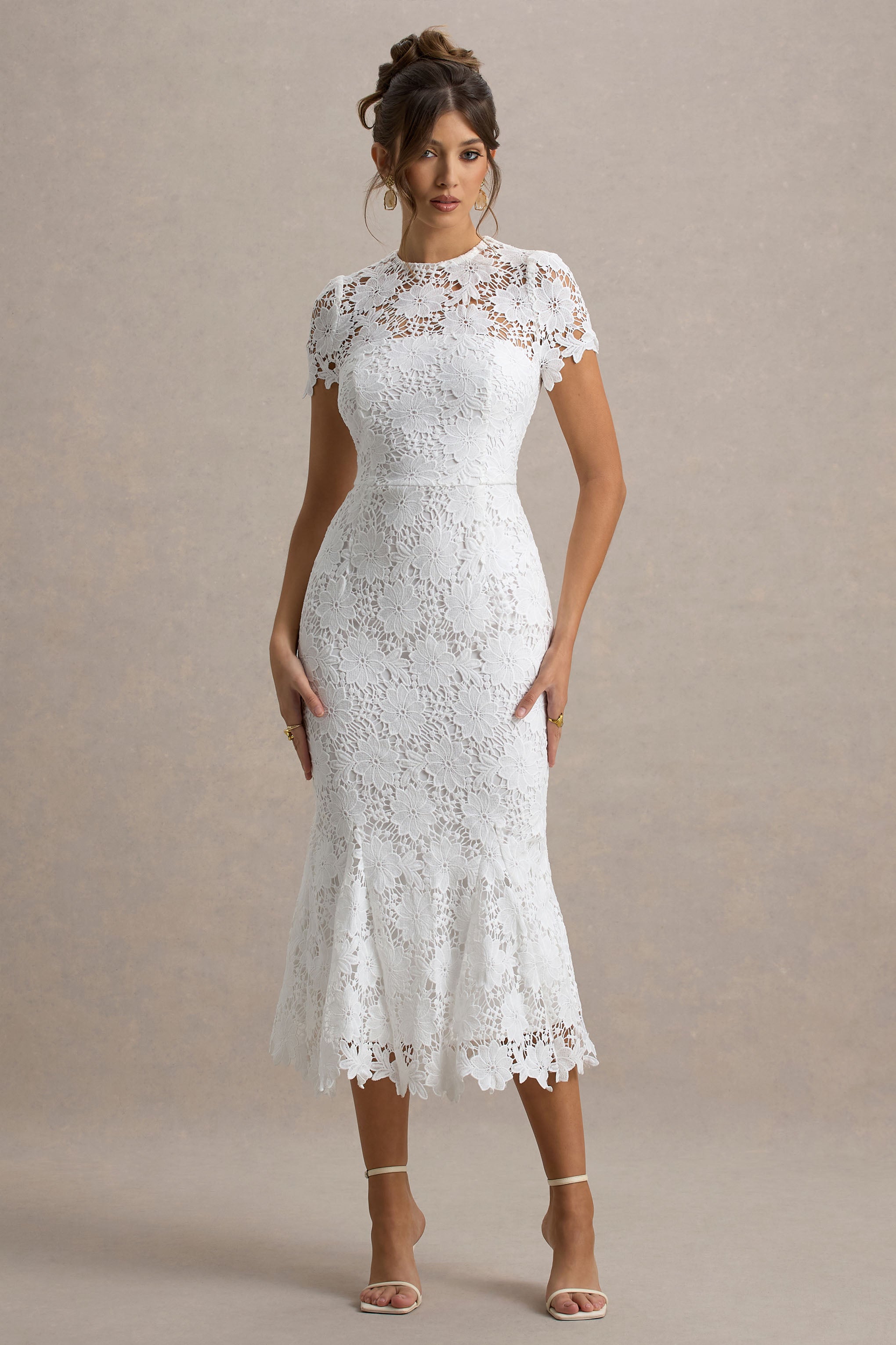 Clarissa | White Lace Short-Sleeve Midi Dress