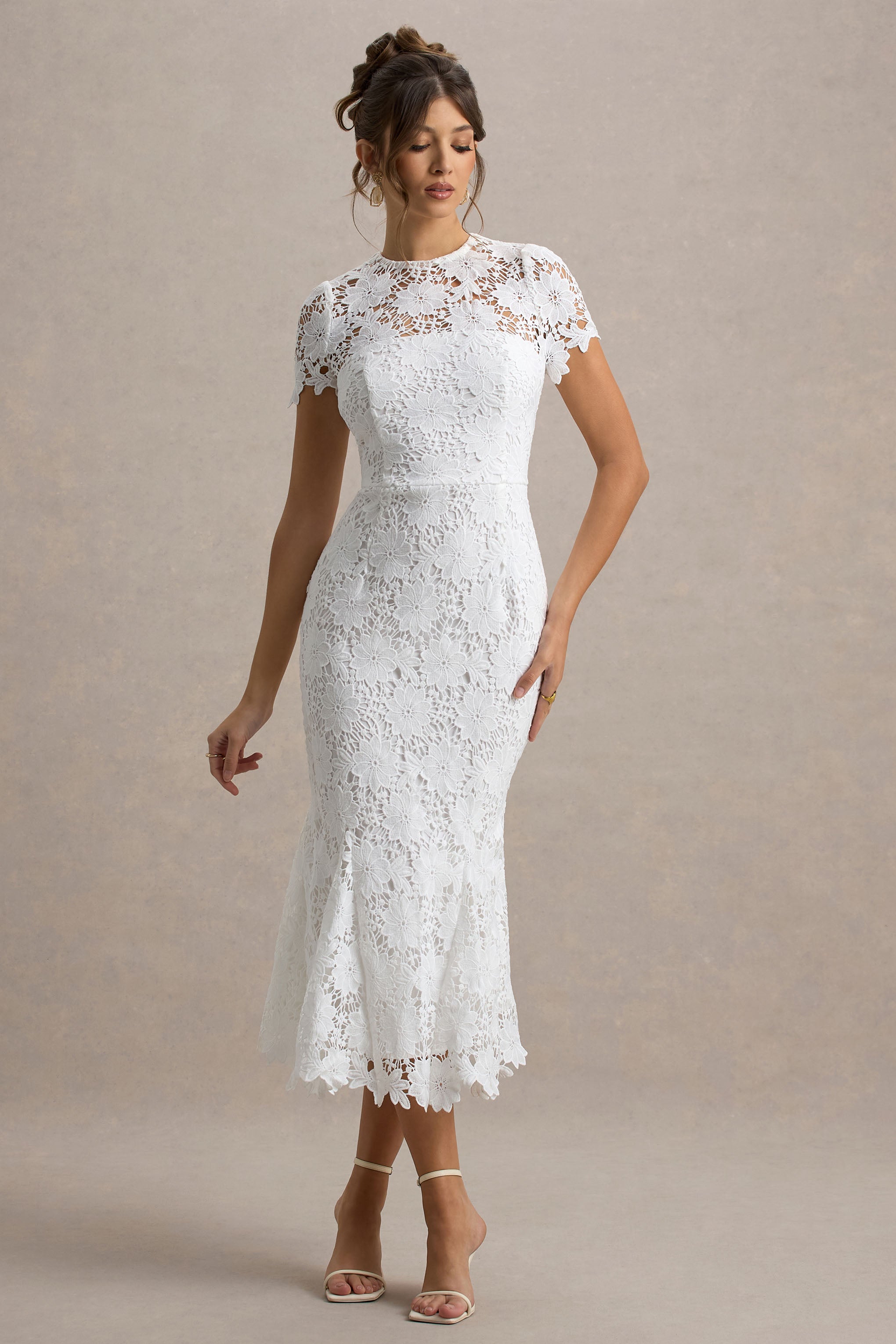 Clarissa | White Lace Short-Sleeve Midi Dress