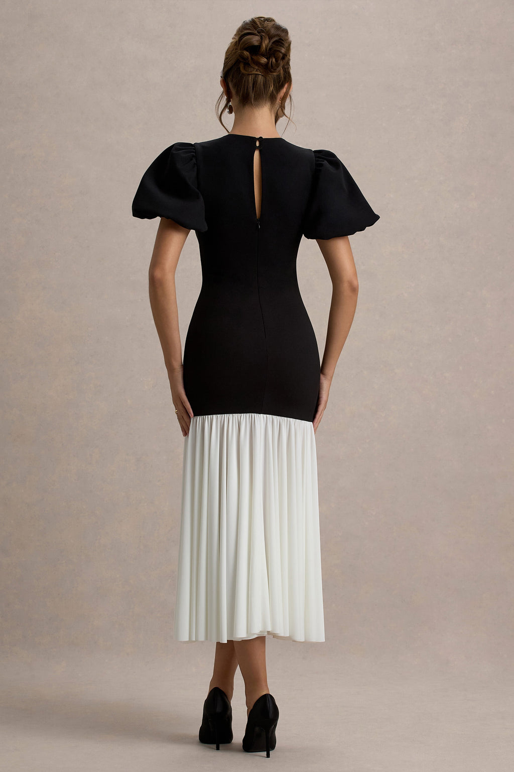 Cinzia | Black & White Puff-Sleeve Volume-Hem Midi Dress