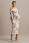 Katarine | Peach Floral Print Asymmetric Knot Maternity Midi Dress