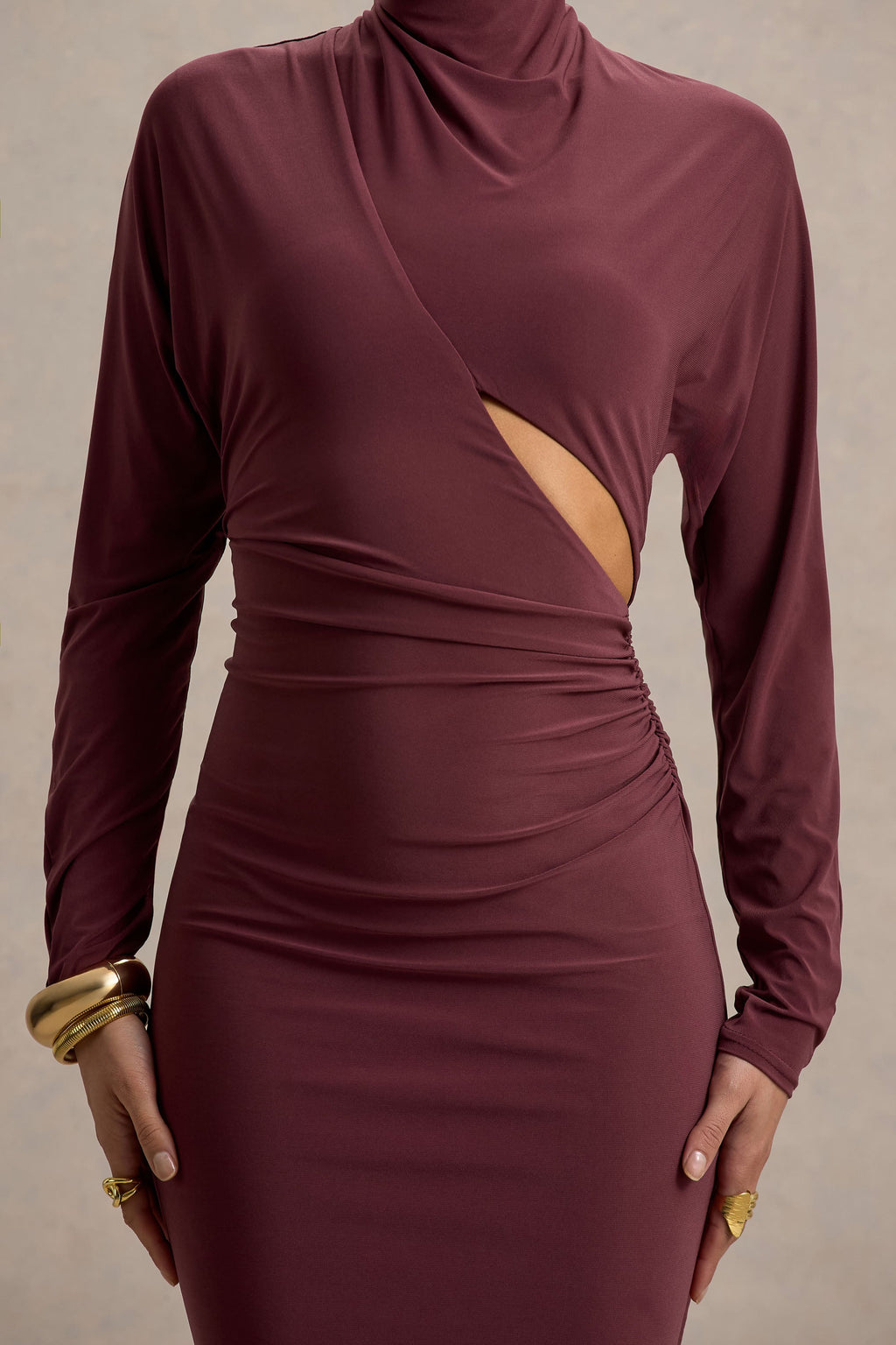 Pandora | Burgundy Long-Sleeve Midi Dress With Cut-Out