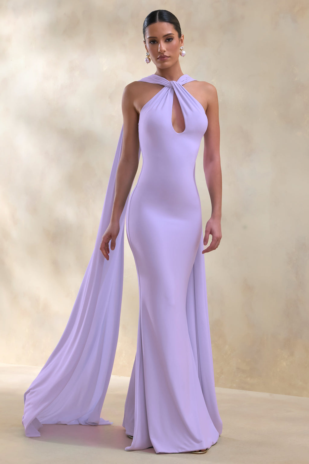 Rhoda | Lilac Twist Halter-Neck Cape Maxi Dress