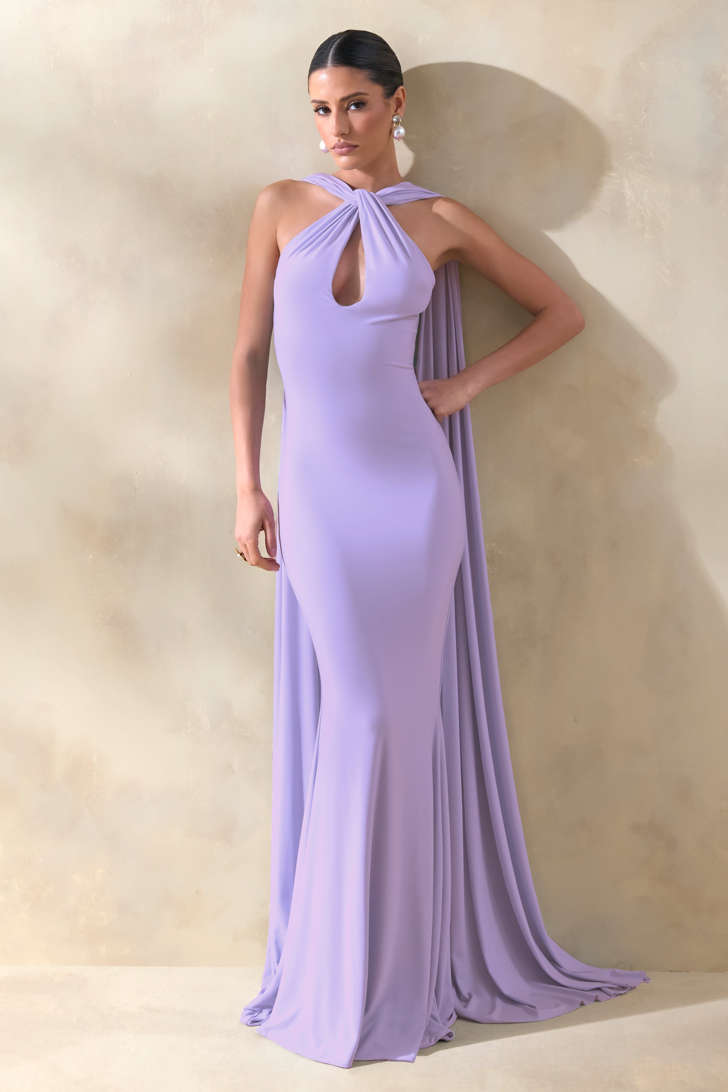 Rhoda | Lilac Twist Halter-Neck Cape Maxi Dress