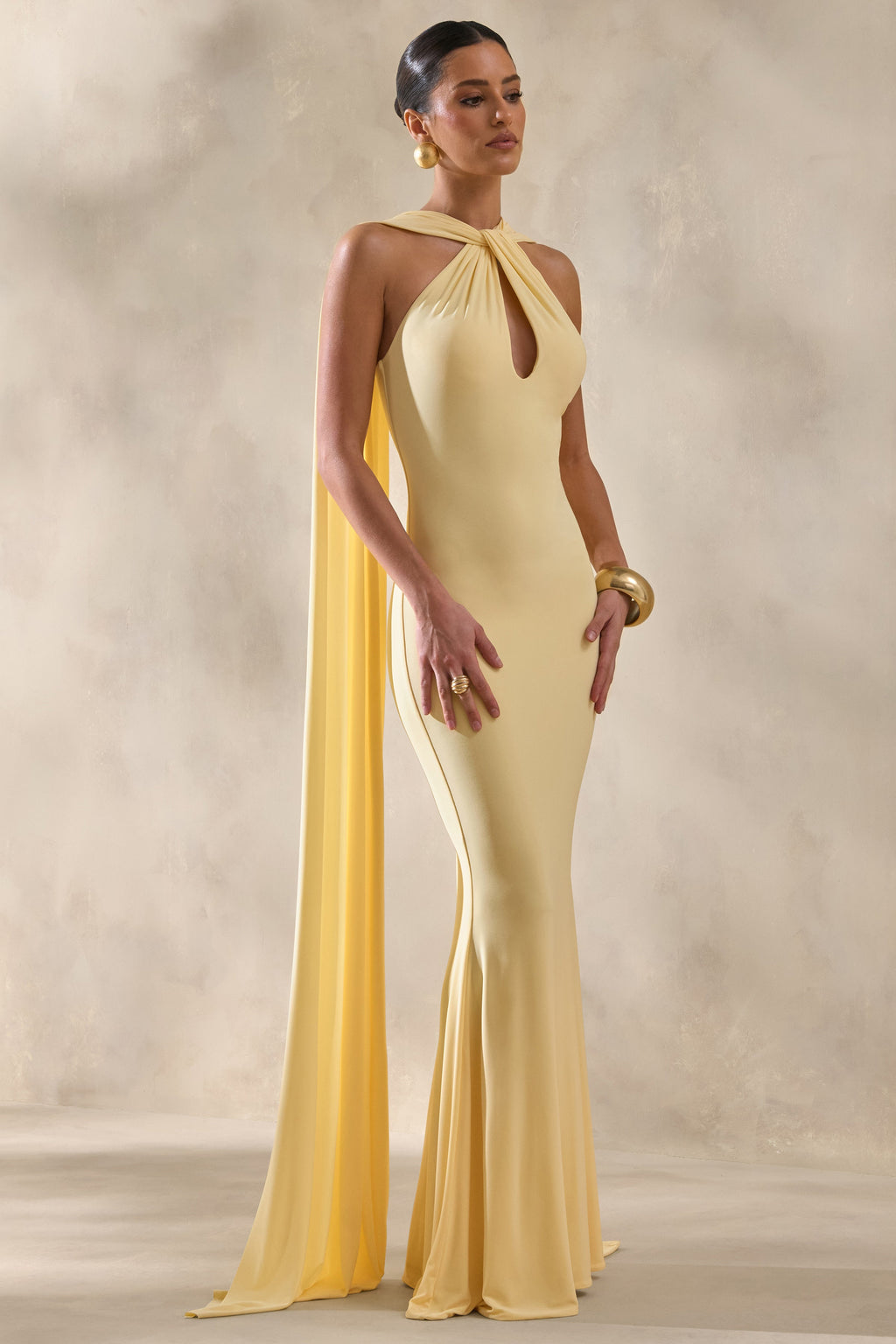 Rhoda | Lemon Twist Halter-Neck Cape Maxi Dress