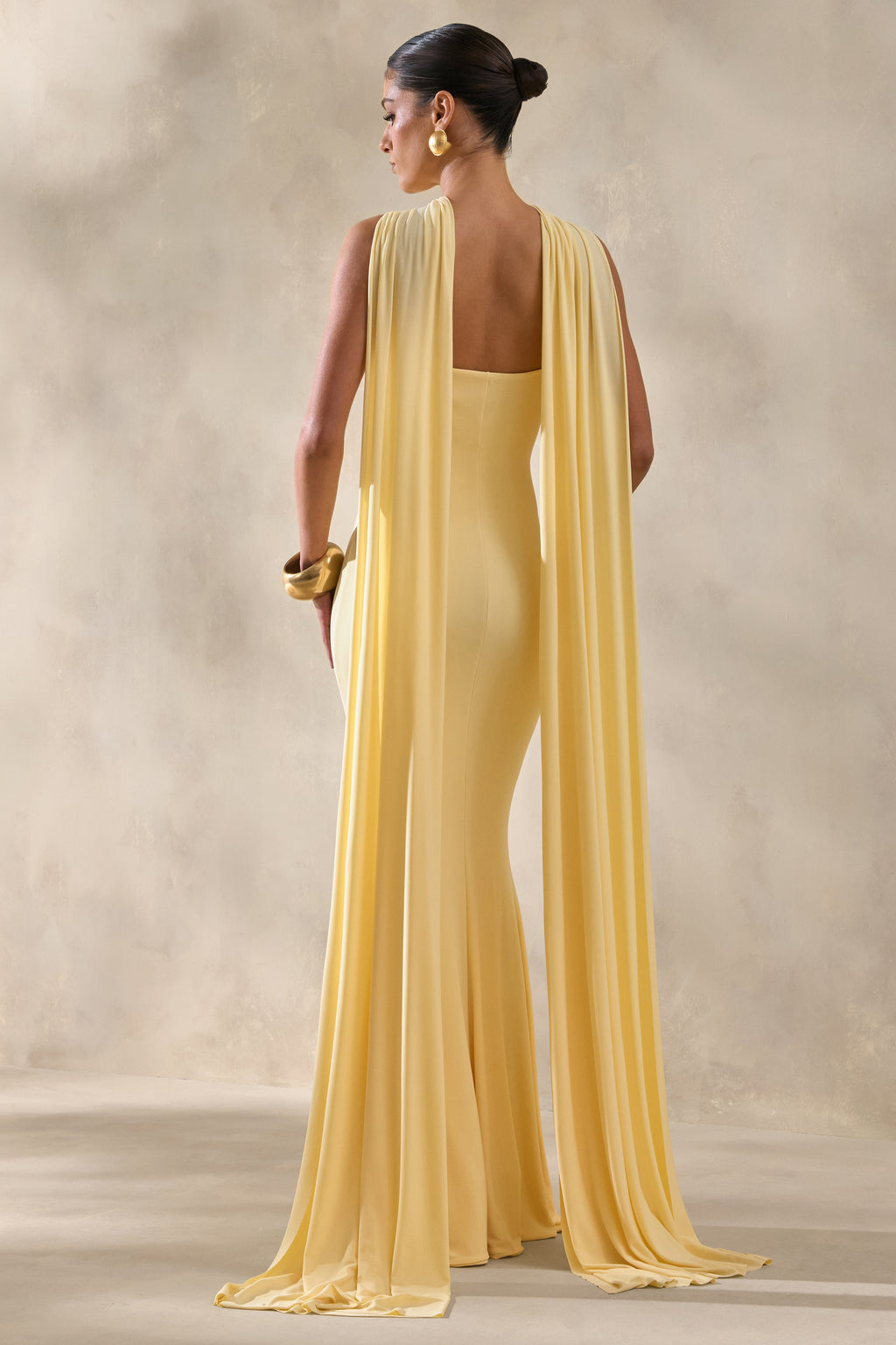 Rhoda | Lemon Twist Halter-Neck Cape Maxi Dress