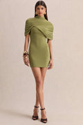Perdi | Olive Bodycon Mini Dress With Twisted Cape