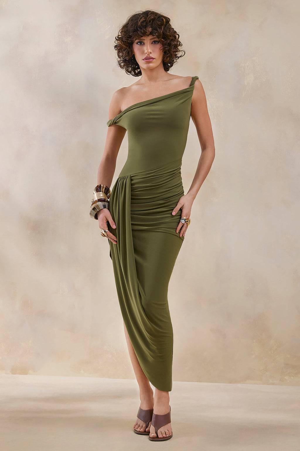 Angelique | Olive Green Twisted Asymmetric Maxi Dress