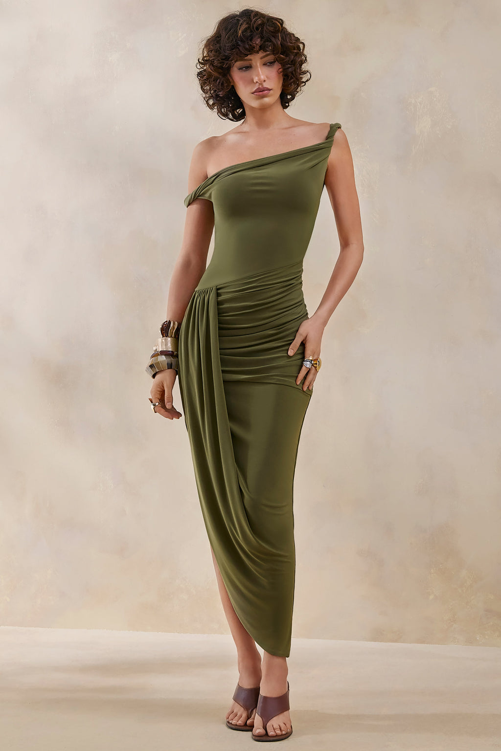 Angelique | Olive Green Twisted Asymmetric Maxi Dress