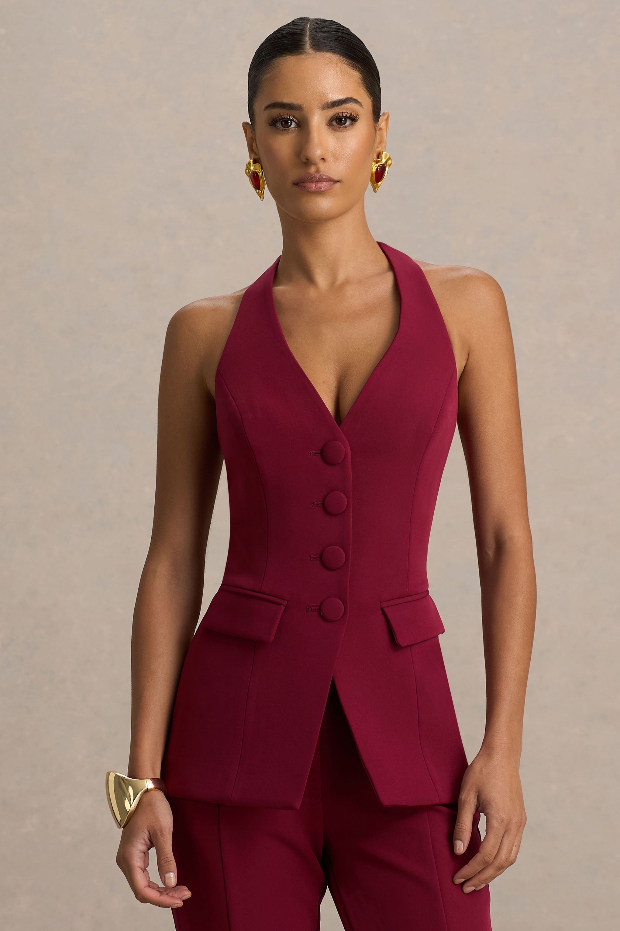 Tecla | Burgundy Button-Up Tailored Waistcoat