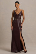 Lila | Burgundy Faux Leather Plunge-Neck Maxi Dress With Split