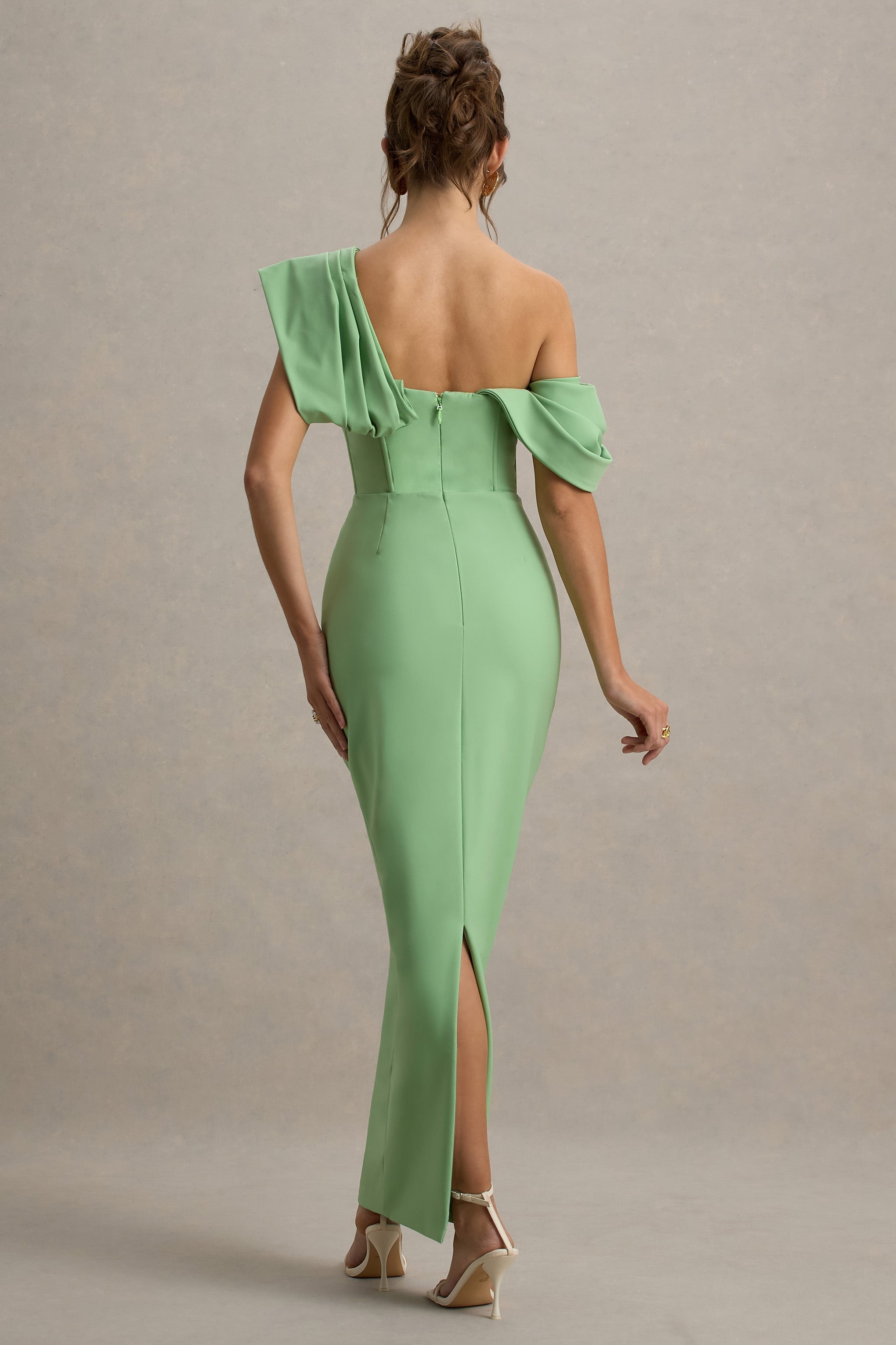 Angelina | Green Draped Shoulder Maxi Dress