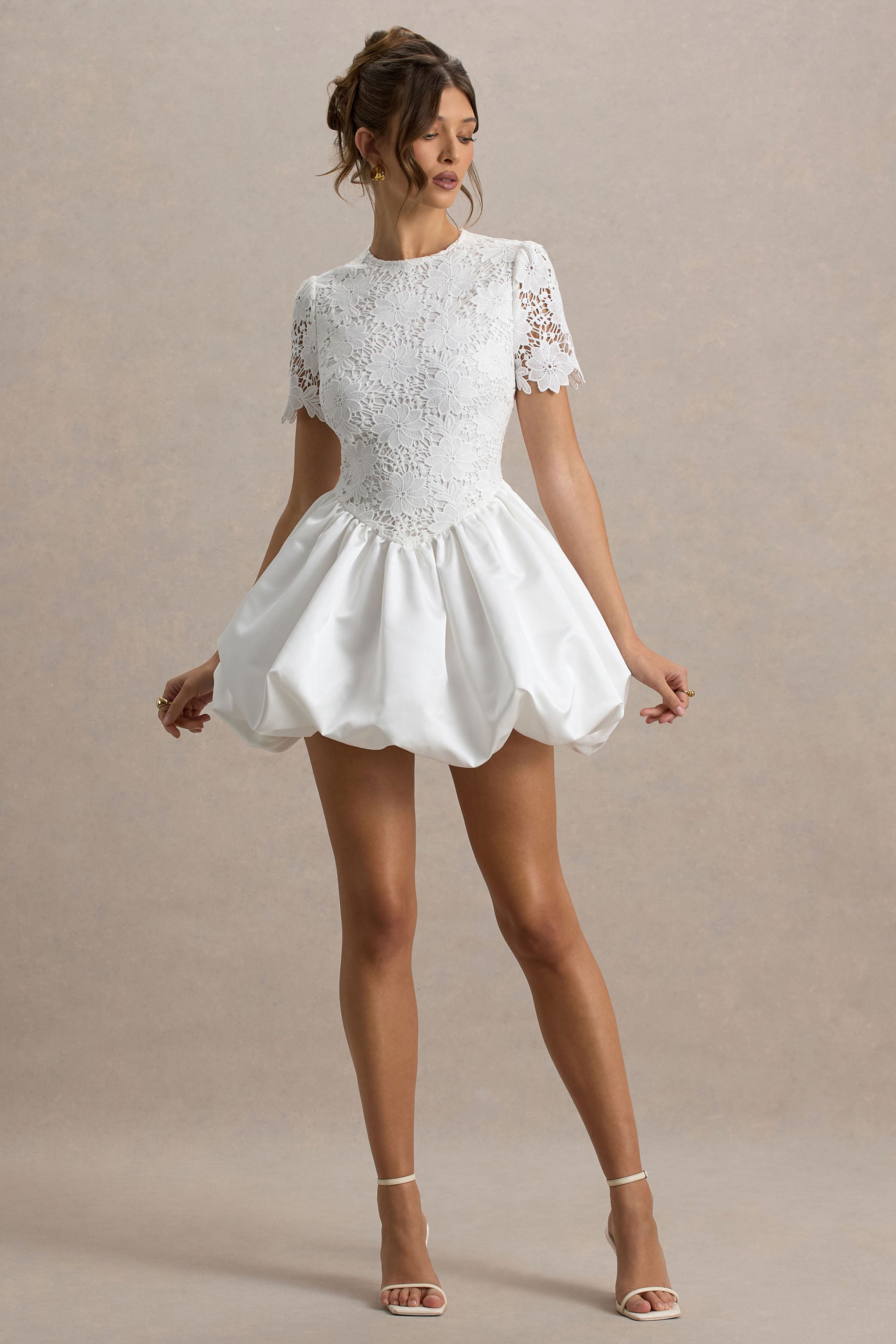 Taffy | White Lace Mini Dress With Satin Puffball Skirt