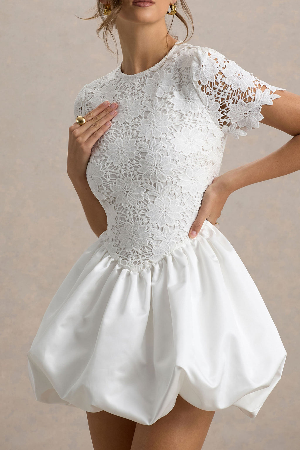Taffy | White Lace Mini Dress With Satin Puffball Skirt