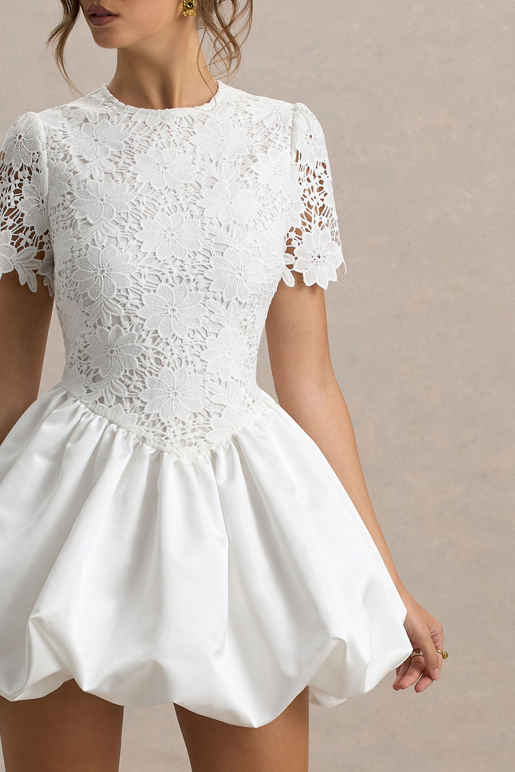 Taffy | White Lace Mini Dress With Satin Puffball Skirt