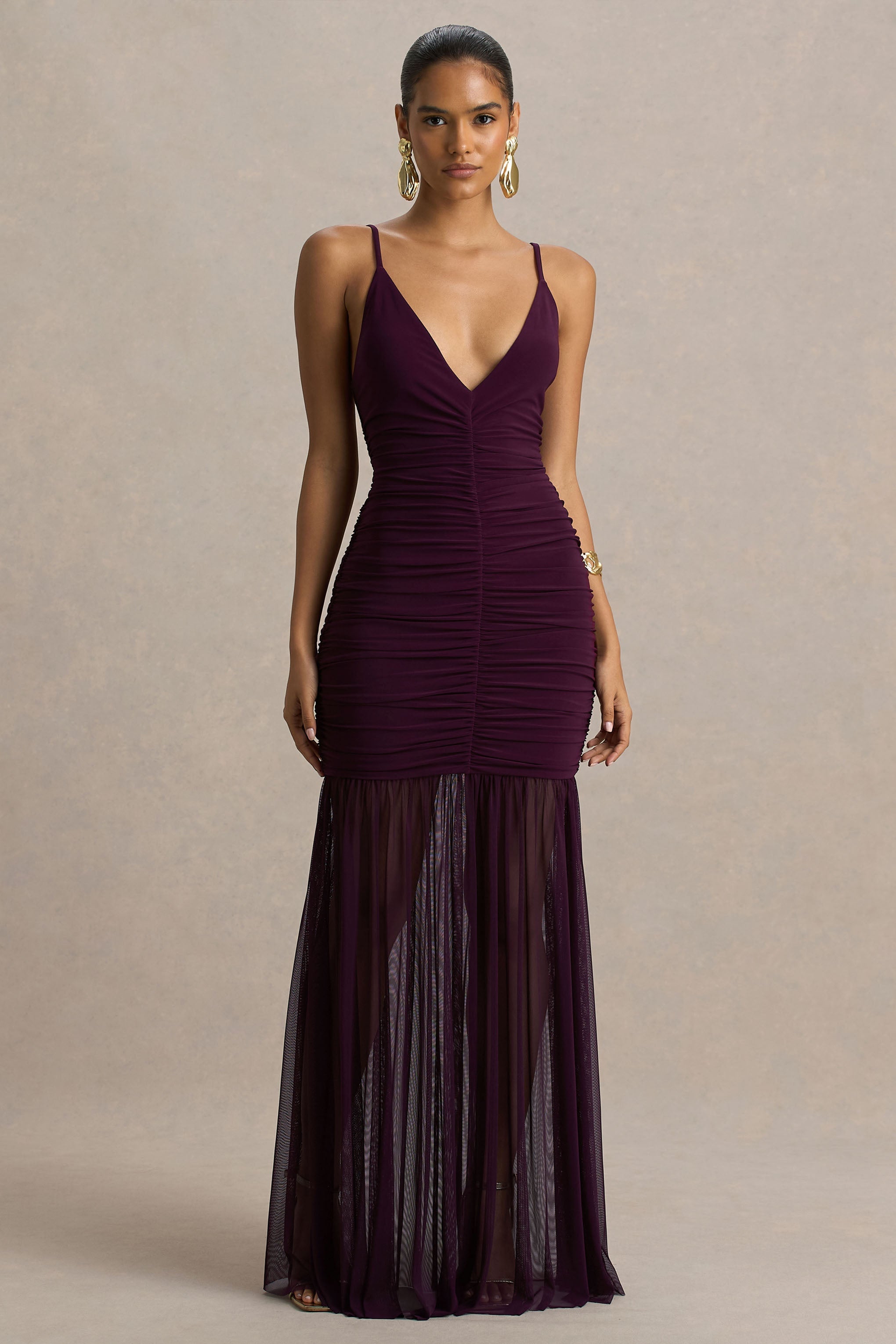 Pasqualina | Plum Ruched Plunge-Neck Maxi Dress