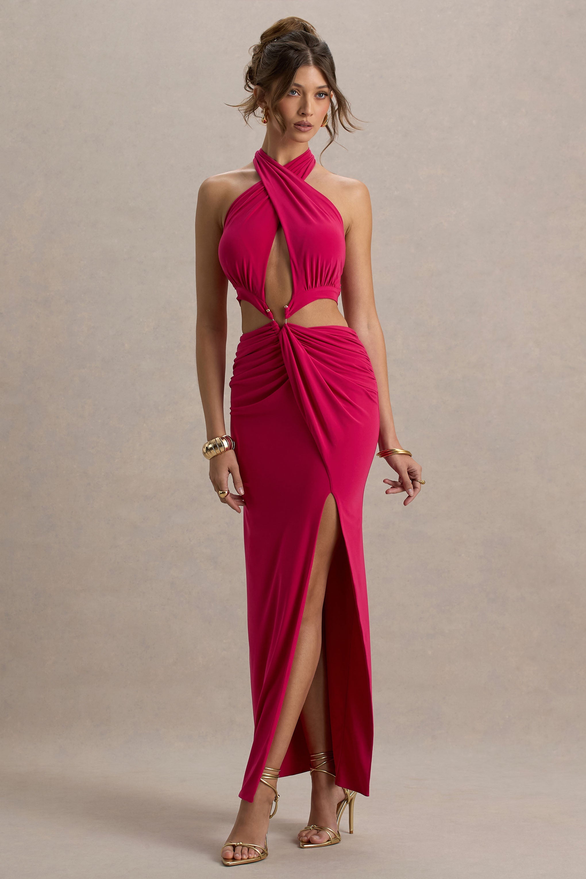 Aura | Hot Pink Halter-Neck Cut-Out Split Maxi Dress