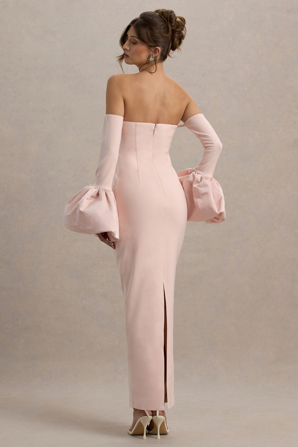 Myah | Pink Bandeau Long-Sleeve Maxi Dress With Puff Cuffs