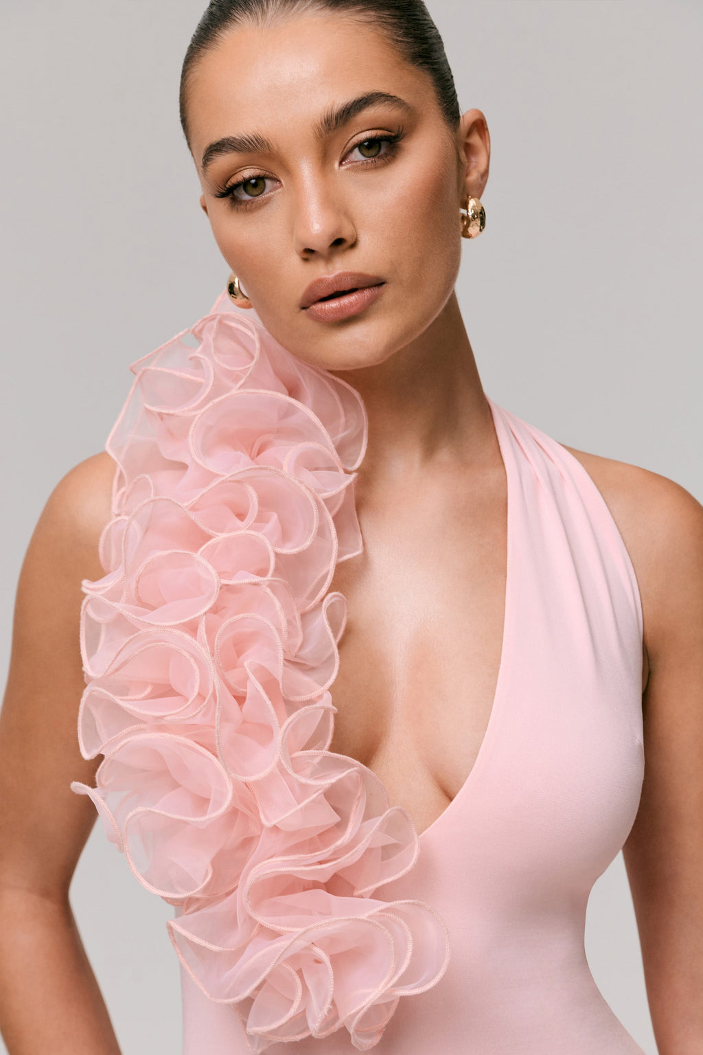 Harriet | Pink Plunge-Neck Maxi Dress With Floral Detail