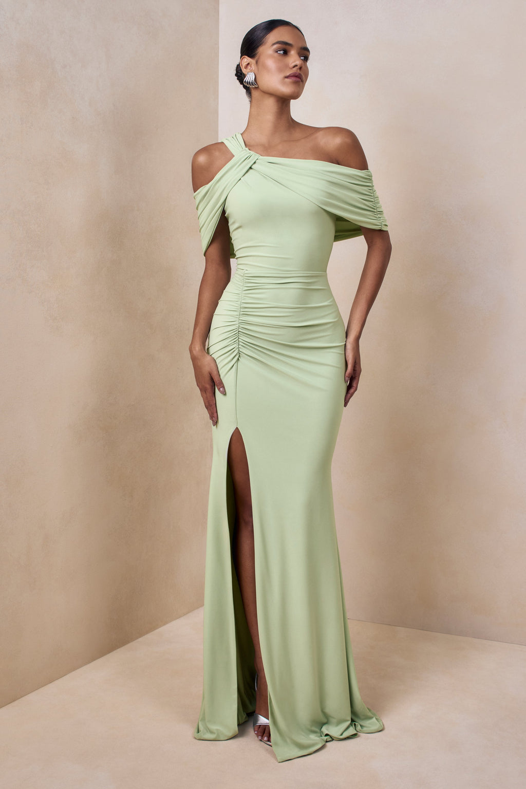 Nala | Mint Asymmetric-Neck Maxi Dress With Gathered Detailing