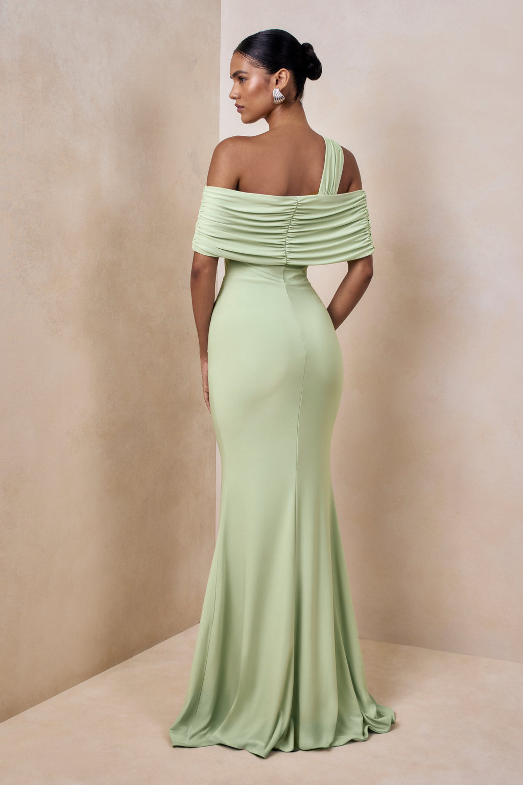 Nala | Mint Asymmetric-Neck Maxi Dress With Gathered Detailing