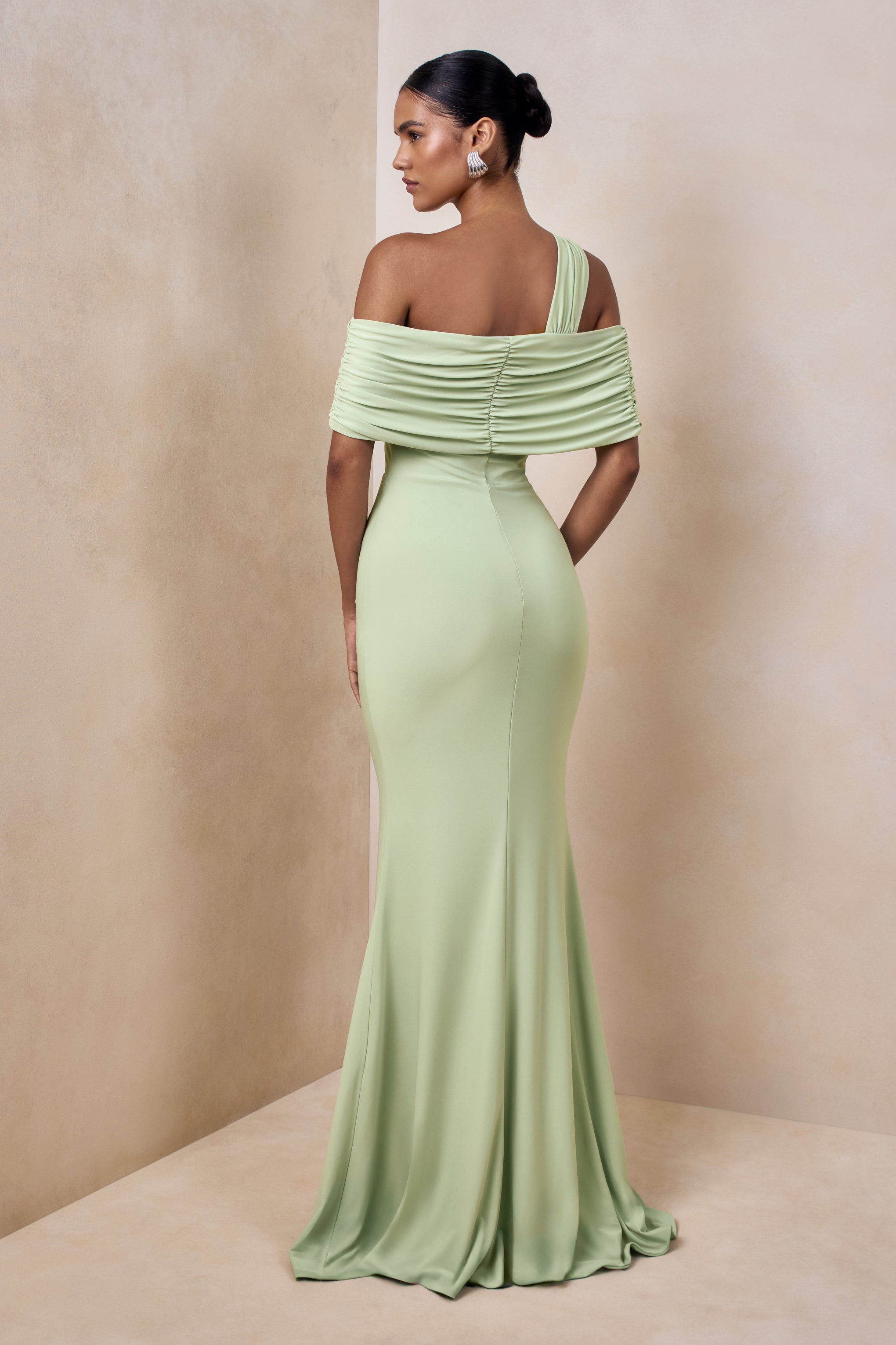 Nala | Mint Asymmetric-Neck Maxi Dress With Gathered Detailing